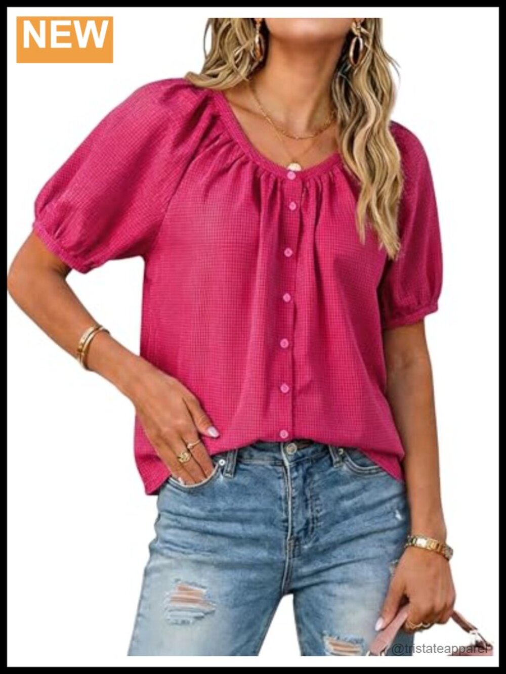Women's Boho Gingham Button-Down Blouse with Puff Sleeves